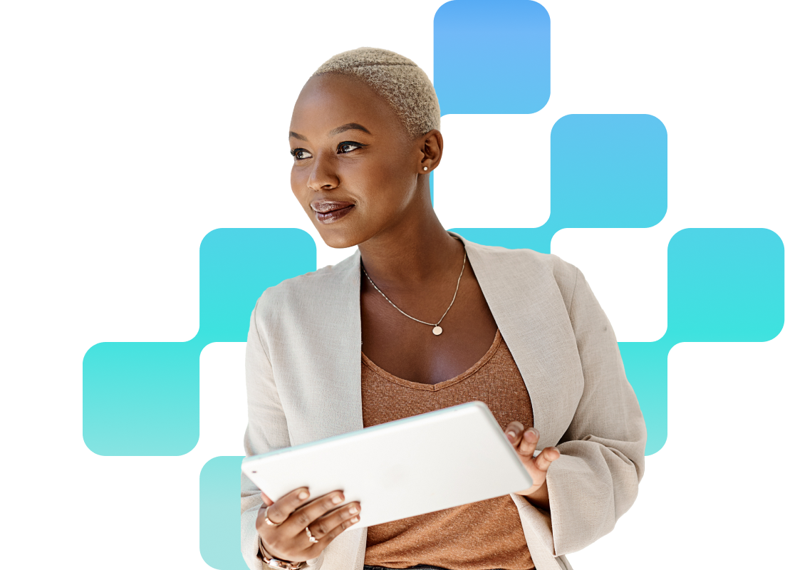 Confident person with tablet.